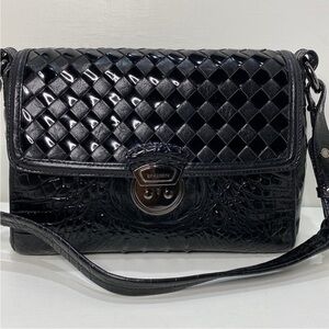BRAHMIN Black Croc Embossed / Woven Leather Shoulder Bag